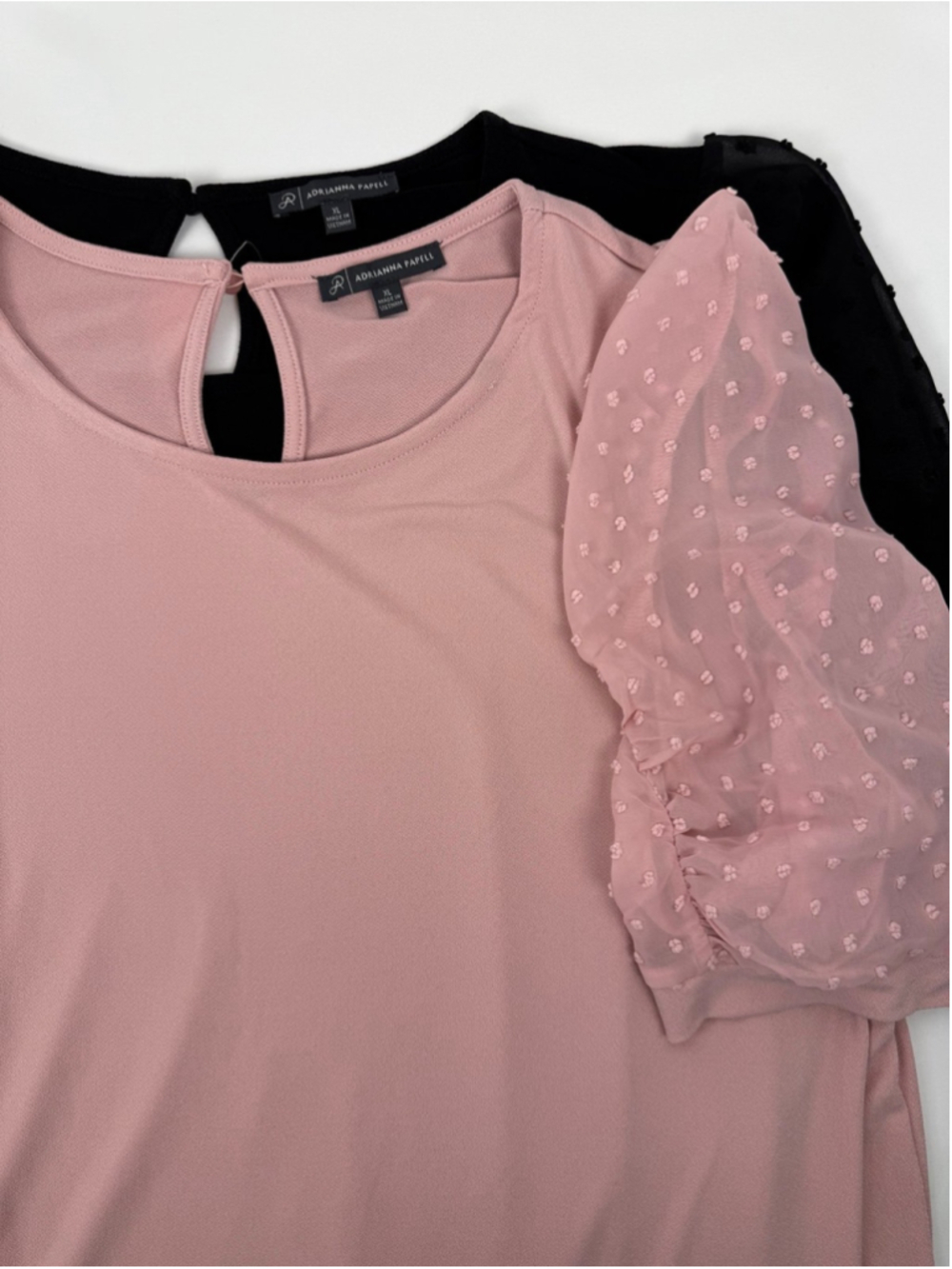 Puff Sleeve 2-pack: Black and Light Pink stretch-polyester blouses